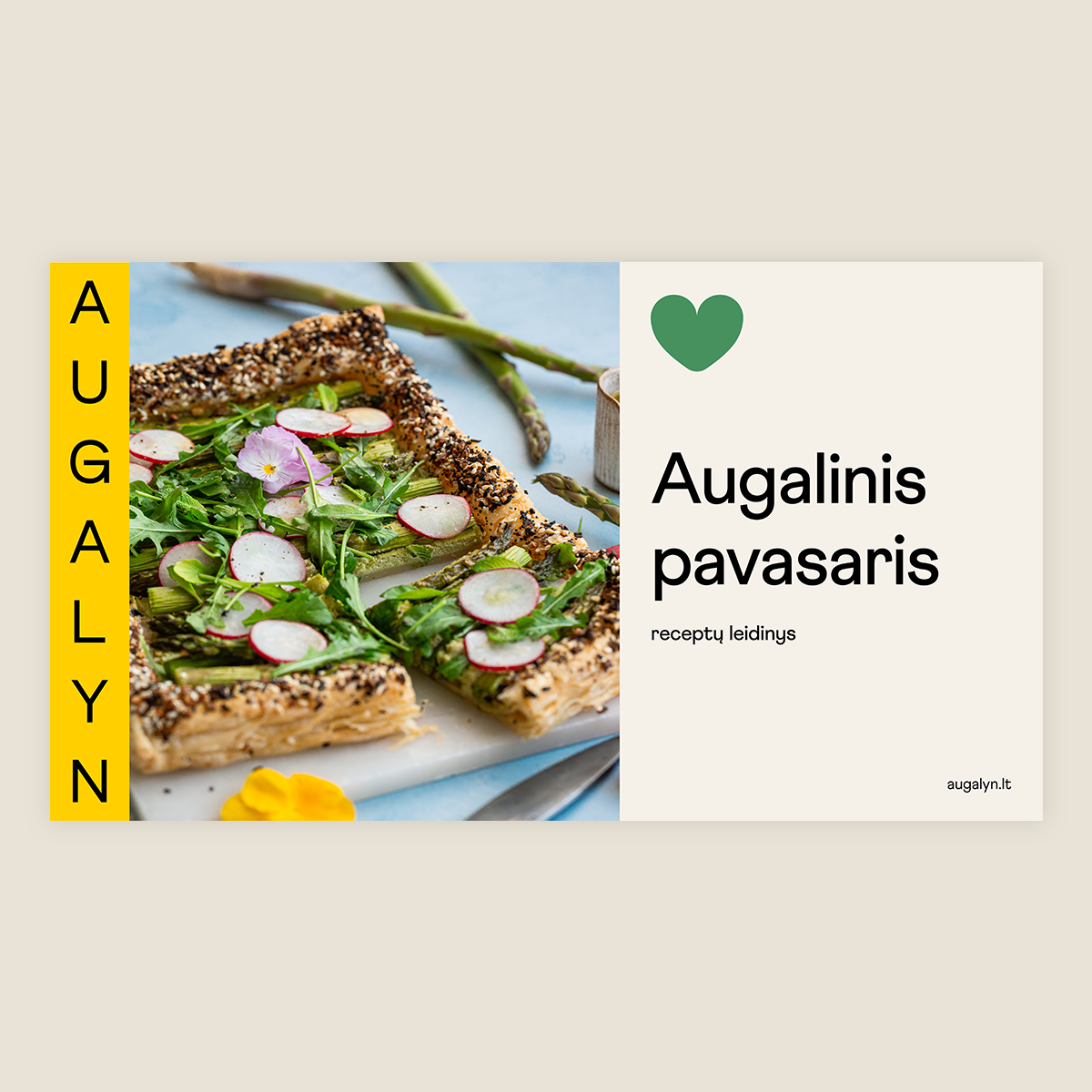 Augalinio pavasario leidinio viršelis, kuriame vaizduojama tarta su pesto kremu ir smidrais